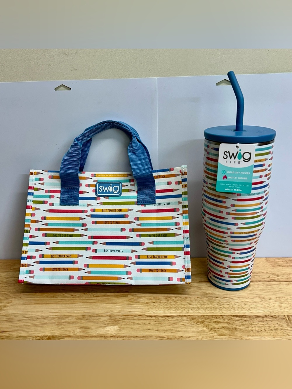Swig Life Teacher Life Pencil Pattern 40oz Tumbler Cup & Reusable Small Tote